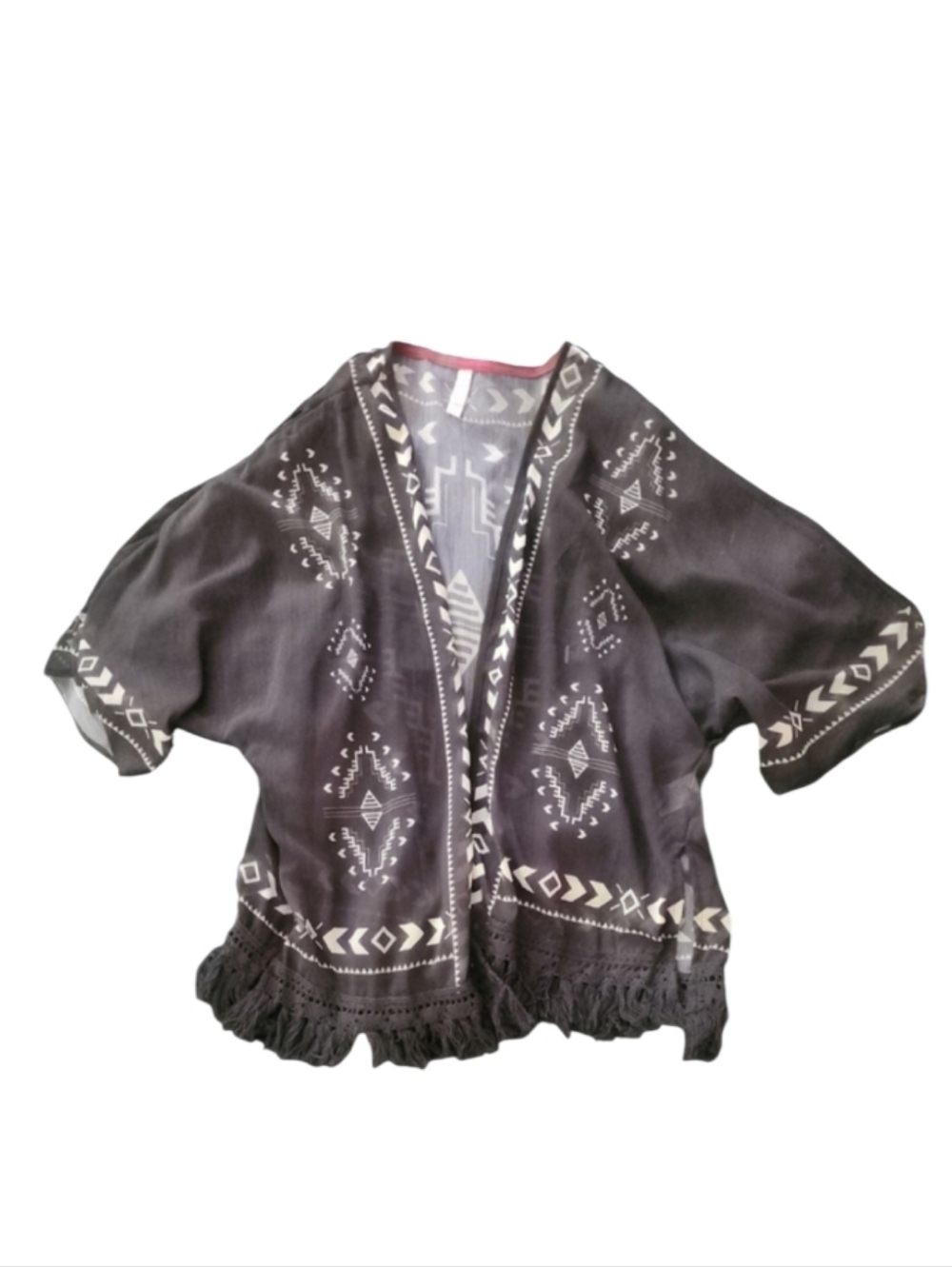 Xhilaration OS Black & White Fringe Boho Open Kimono Top